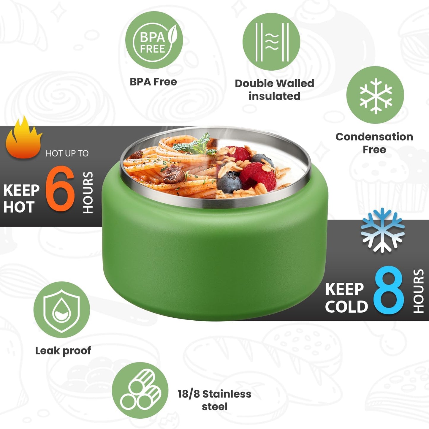 Soup Thermo for Hot Food Kids 13.5oz Lunch Containers with Buckle Lid Wide Mouth Hot Food Jar Vacuum Insulated Stainless Steel Bento Box Leakproof with Spoon(Green)