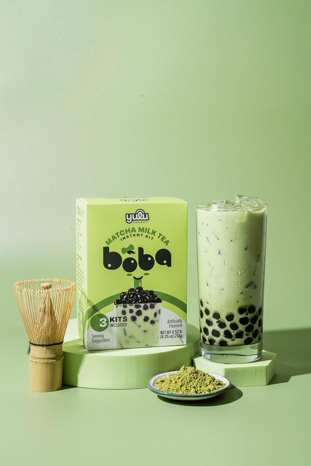 Matcha Latte Instant Bubble Pearl Matcha Milk Tea Kit with Authentic Brown Sugar Tapioca Pearls, Ready in Under One Minute, Paper Straws Included – 3 Servings Yulu Foods