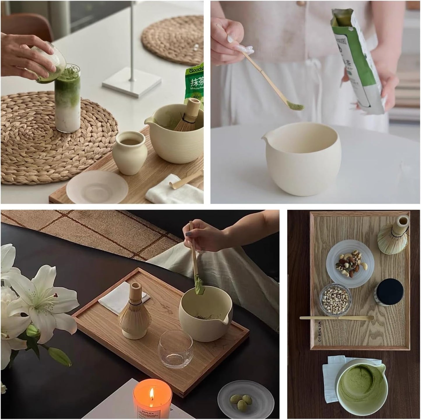 WENSHUO Matcha Whisk Set, Ceramic Matcha Bowl & Whisk Holder, Bamboo Accessory, Modern Design (Matte Crème, Pouring Spout)