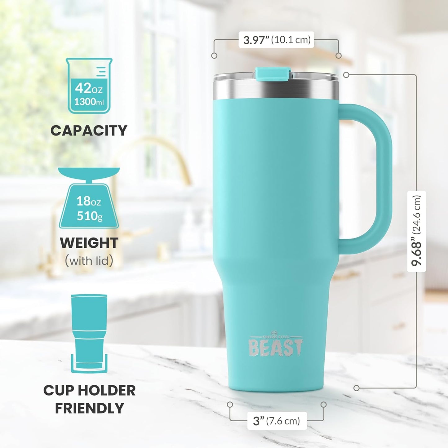 Beast 42 oz Tumbler Stainless Steel Vacuum Insulated Coffee Ice Cup Double Wall Travel Flask (Aqua Blue)
