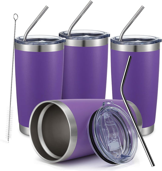 COMOOO 20oz Double Wall Vacuum Insulated Travel Mug, Stainless Steel Tumbler with Lid and Straw Durable Powder Coated Insulated Coffee Cup for Cold & Hot Drinks (Purple, 4 Pack)