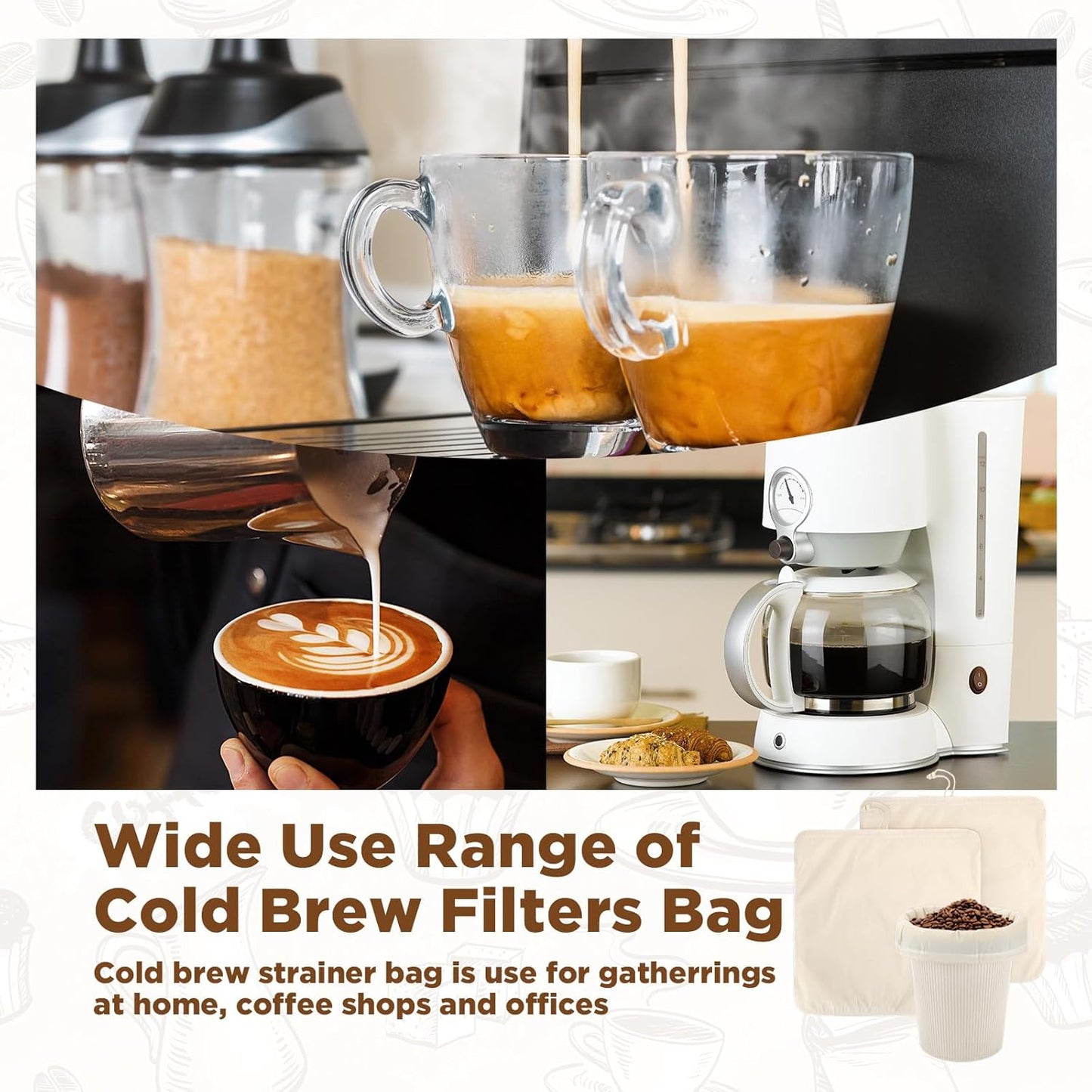 Tioncy 2 Pcs 20 x 20 Inch Large Reusable Cold Brew Coffee Bag Reusable Organic Cotton Cold Brew Filter Bags Washable Coffee Filter Pouch with Easy Open Drawstring Pitchers 5 Gallon Systems up to 5 LBS