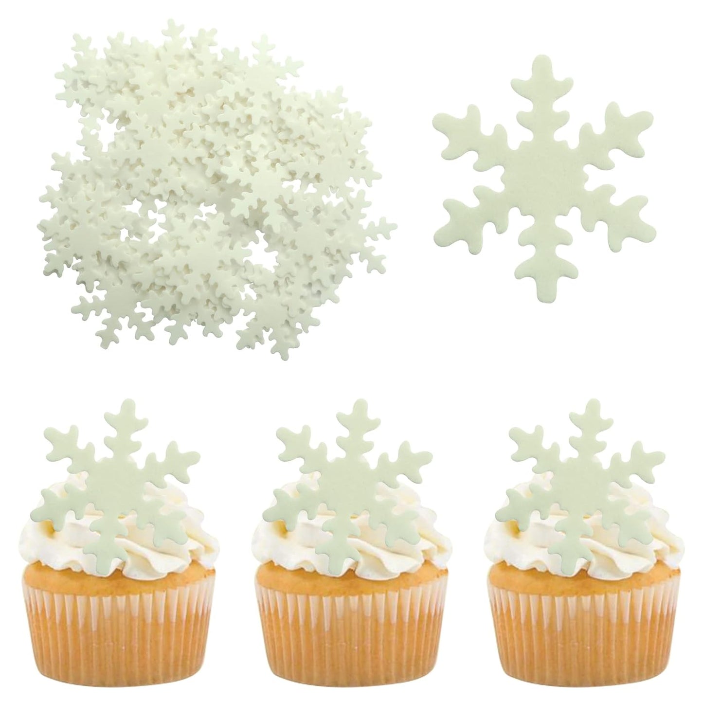 Gyufise 50Pcs White Edible Cupcake Toppers Snowflakes Cake Decoration for Christmas Winter Frozen Birthday Party Supplies