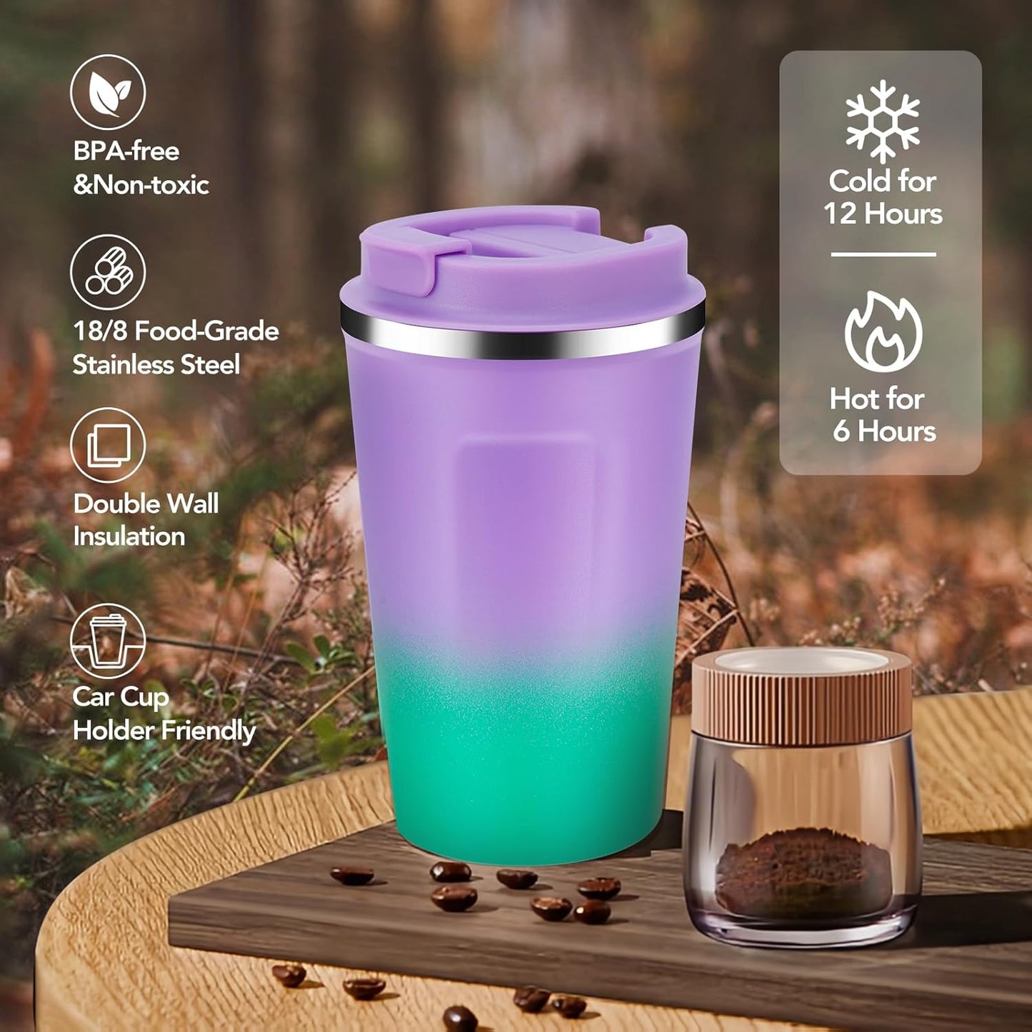 Volhoply 12 oz Double Wall Insulated Vacuum Travel Coffee Mug with Flip Lid Bulk 2 Pack,Reusable Stainless Steel Leak Proof Coffee Cup,Cafe Thermal Tumbler for Cold & Hot Drinks(Purple Green,2 Set)