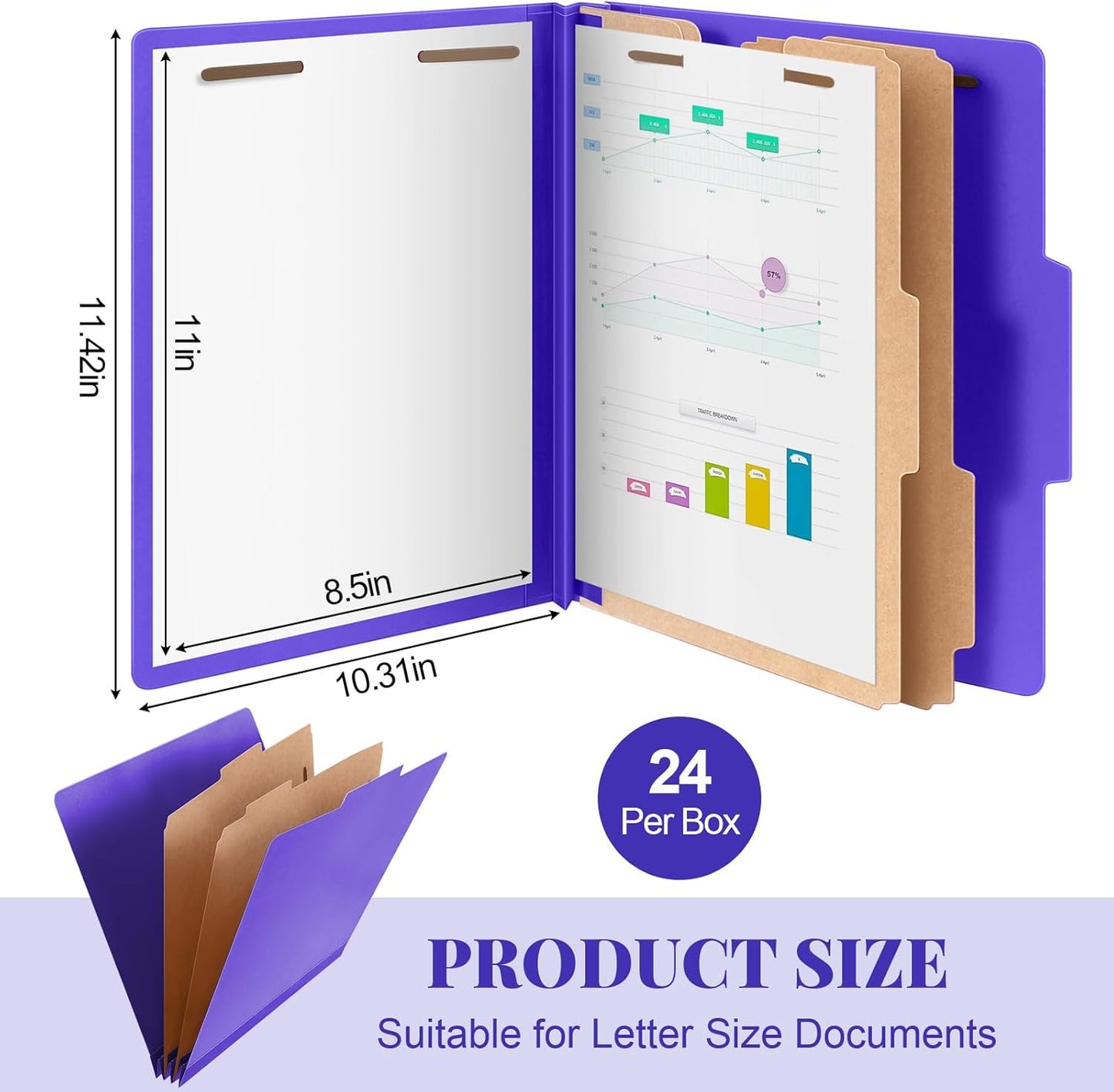 24 Pcs Classification Folders Letter Size Bulk - 2 Dividers Pressboard File Folder with 3. 5 Inch Expansion, 2 Prongs Fastener, Heavy Duty Office File Organizer for Teacher Medical (Purple)