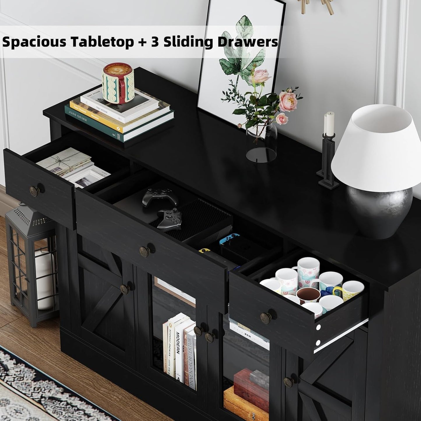 4 EVER WINNER 55" Coffee Bar with 4 Glass Doors and 3 Drawers, Sideboard Buffet Cabinet with Storage, Farmhouse Coffee Bar Cabinet with Adjustable Shelves for Kitchen, Dining Room, Black