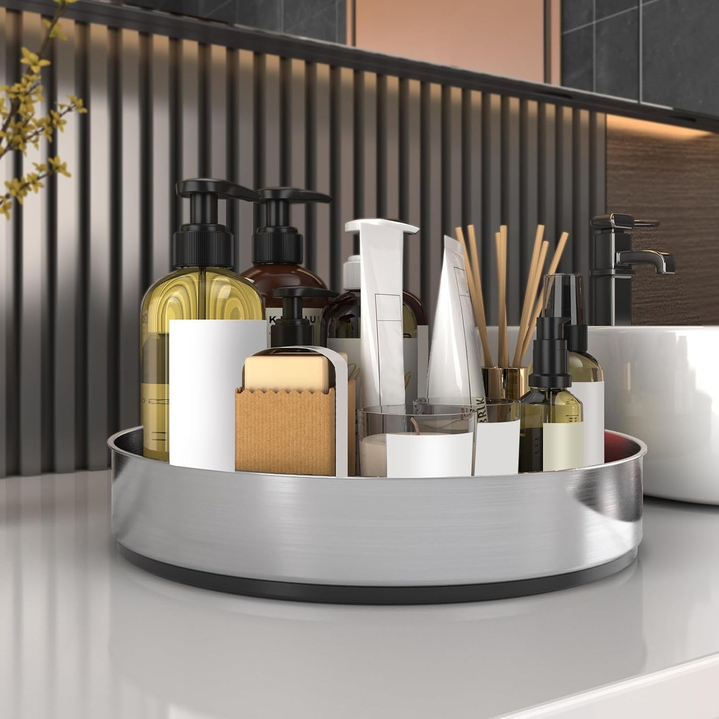 VAEHOLD Pantry Cabinet Lazy Susan Stainless Steel Black Spice Rack Turntable - Decorative Trays Storage Containers Organizer for Kitchen Cabinet, Snacks, Bathroom (12 inches)