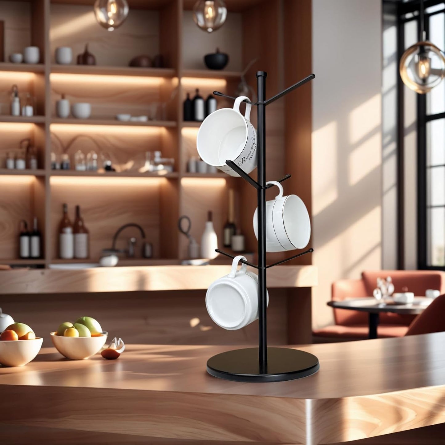 Premium Mug Tree, 6 Hooks Upgraded Stable Metal Mug Holder, Bamboo Base Coffee Mug Cup Rack for Counter Top, Mug Display, Home Storage and Cup Organizer, Black