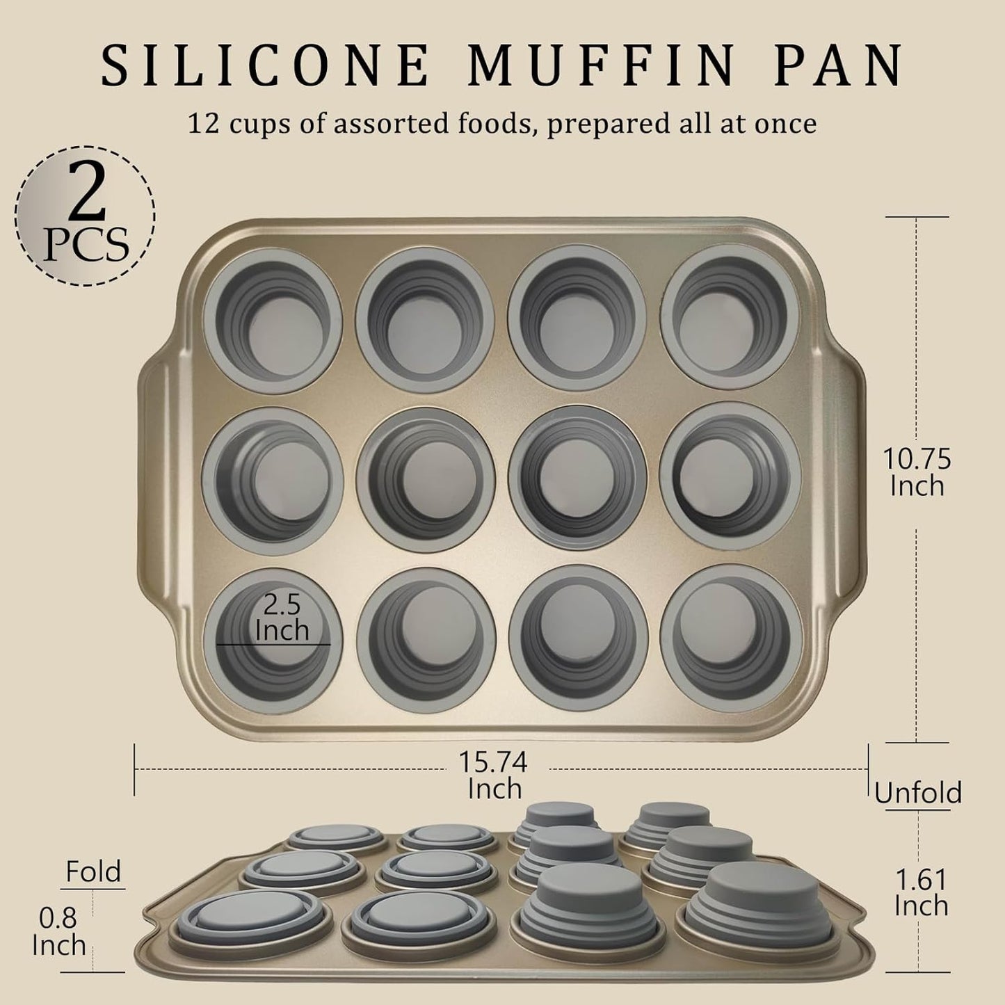 2 Pieces Carbon Steel 12 Hole Press Baking Silicone Cake Molds, Cupcake Baking Slices (12 Regular Sizes), Muffin Baking Sheets (Easy to Pop), Oven Safe Nonstick Non-Toxic Baking Pan