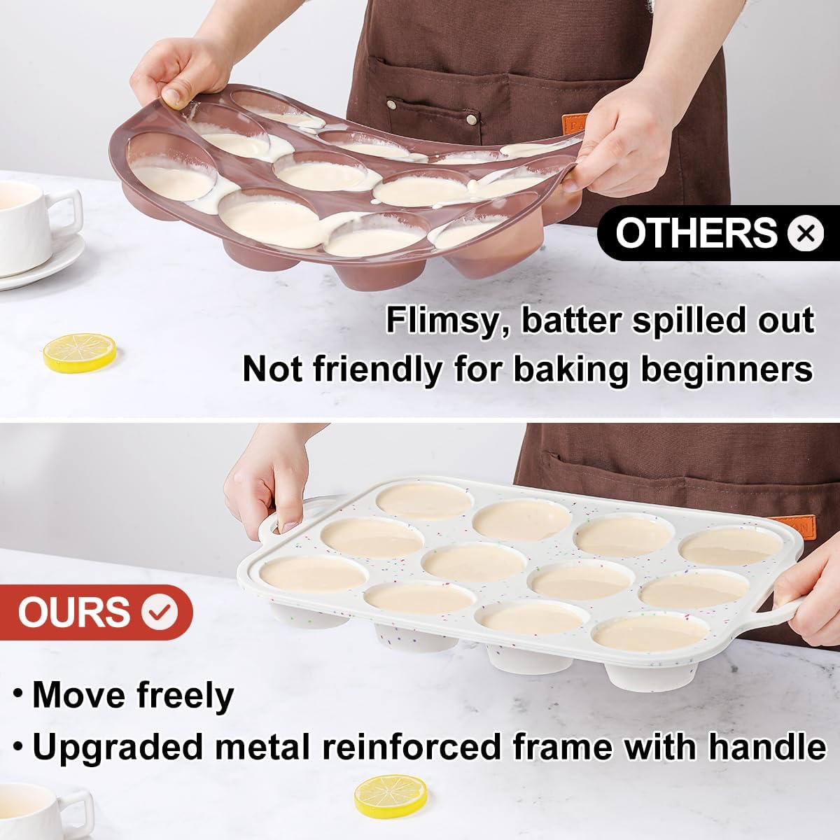 Silicone Muffin Pan with Metal Frame, Regular Size Cupcake Pan with Handle 12 Cups Nonstick Muffin Pan for Baking BPA Free 1 Pack