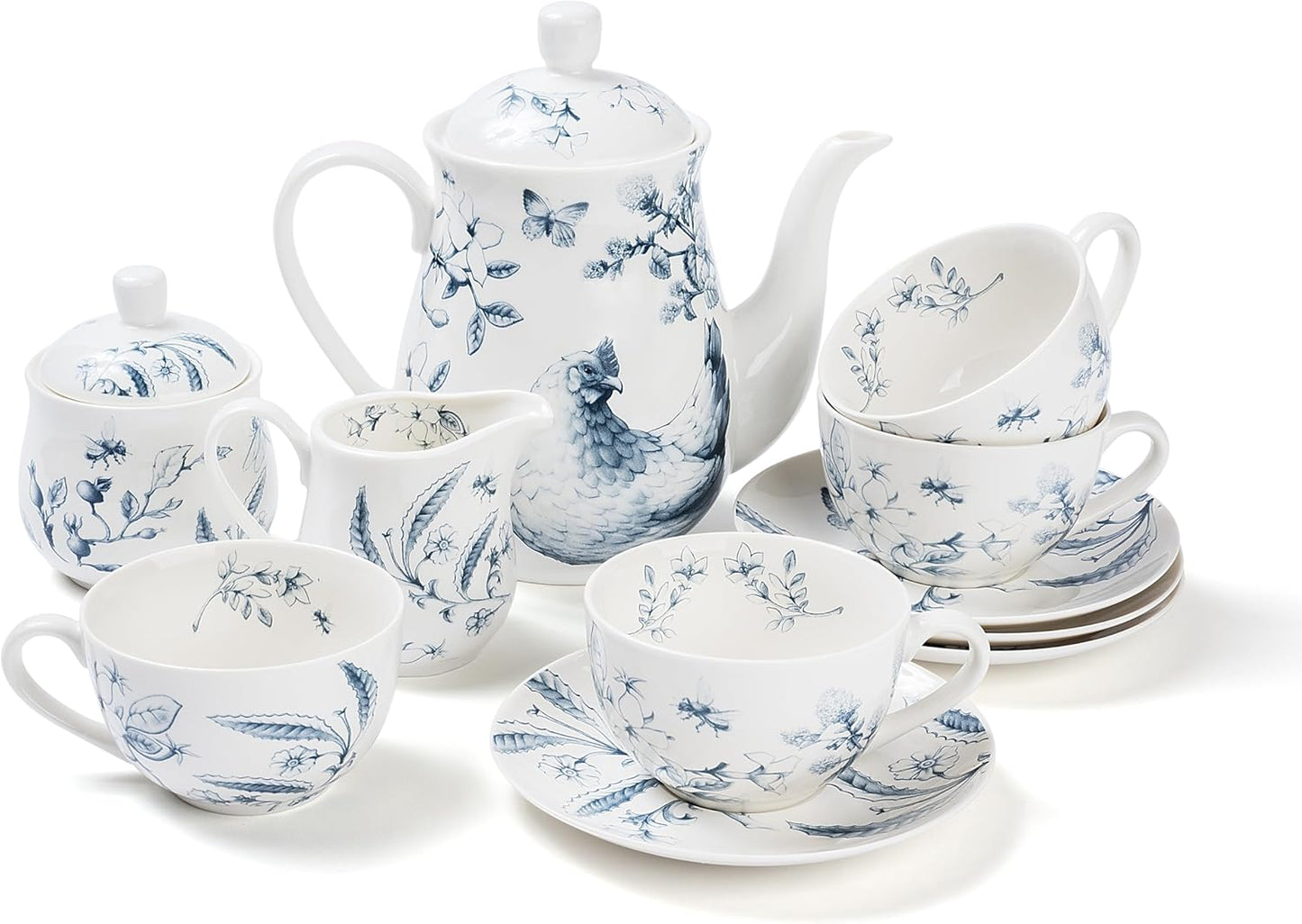 11-Piece Blue & White Collectible Chicken Floral Pattern Tea Set with Giftbox