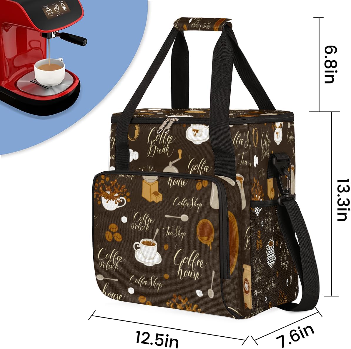 Retro Coffee Coffee Maker Carring Bag Tea and Coffe Travel Carrying Storage Tote Bag Compatible with Keurig K-Mini or K-Mini Plus Portable Single Serve Coffee Brewer Case with Pockets for K-cup Pods