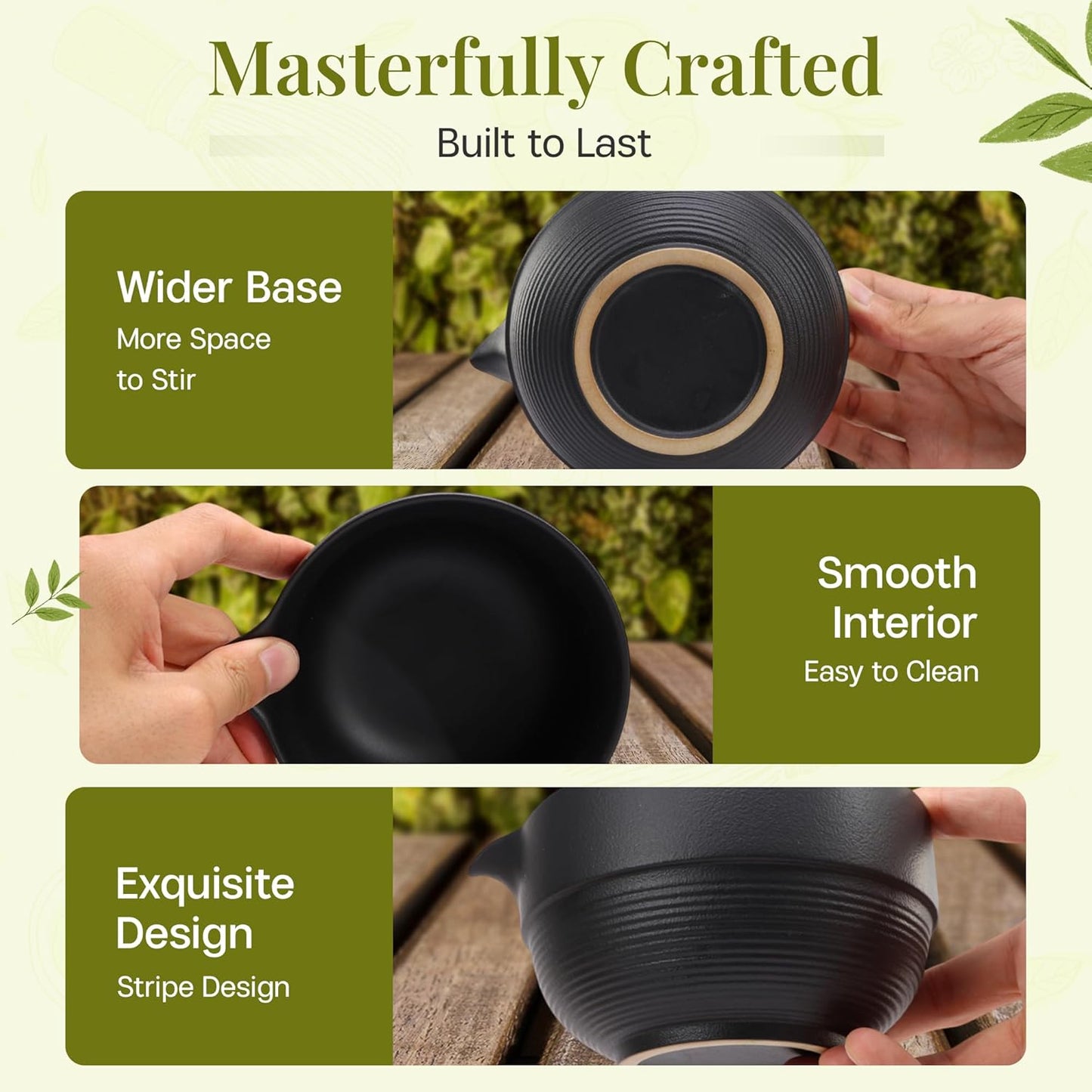 Matcha Whisk Set,includes Matcha Bowl,Matcha Whisk and Holder by Bamboo, Spout, Matcha Sifter Strainer Spoon Scoop Chasen Holder Towel- Perfect Japanese Matcha Set(8 Pcs black)