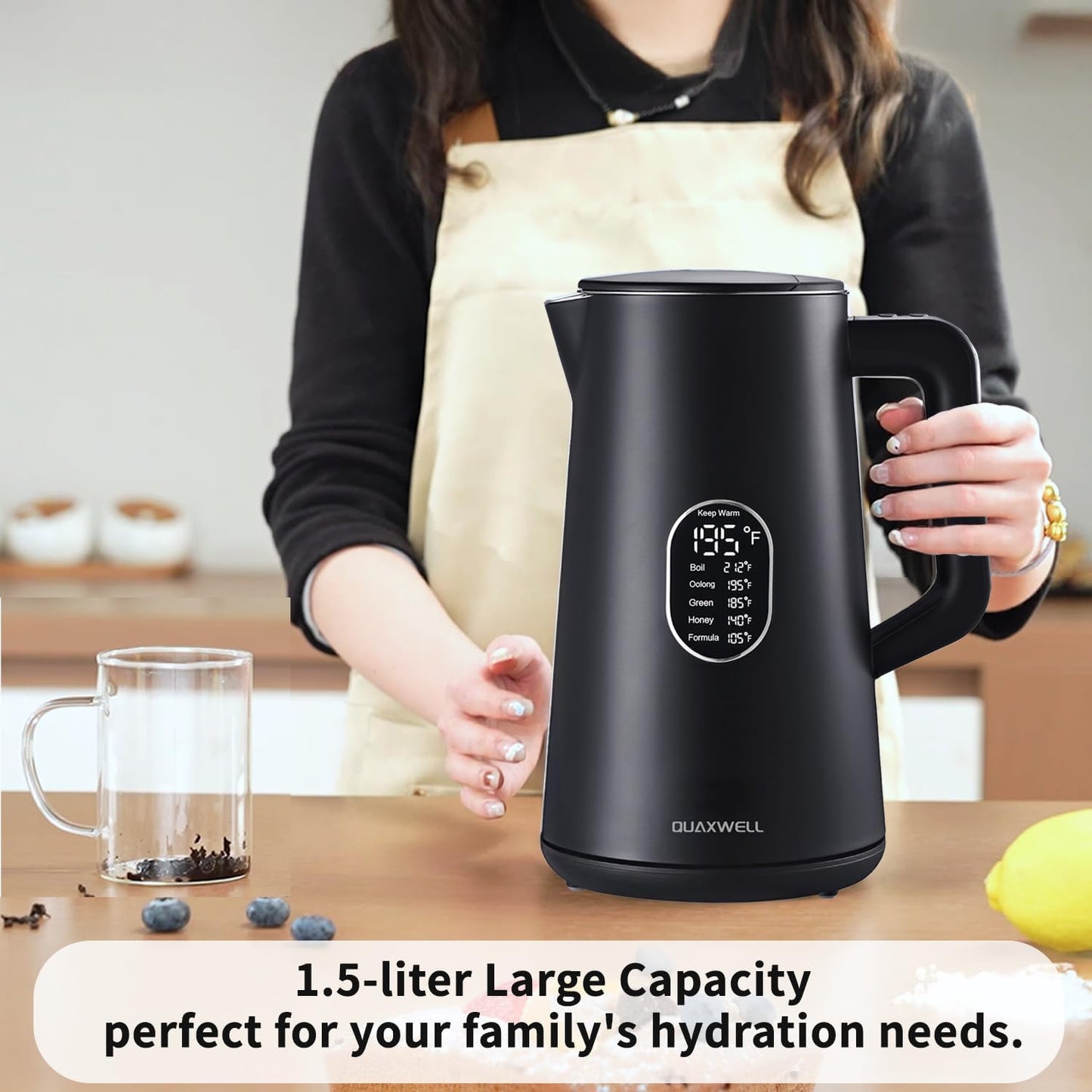 1.5L Electric Kettle Stainless Steel, Double Wall Cool Touch Teapot, Fast Boil,5 Temperature Control, LED Display, Auto Shut-Off, BPA-Free,Keep Warm Function, Ideal for Tea & Coffee,Black