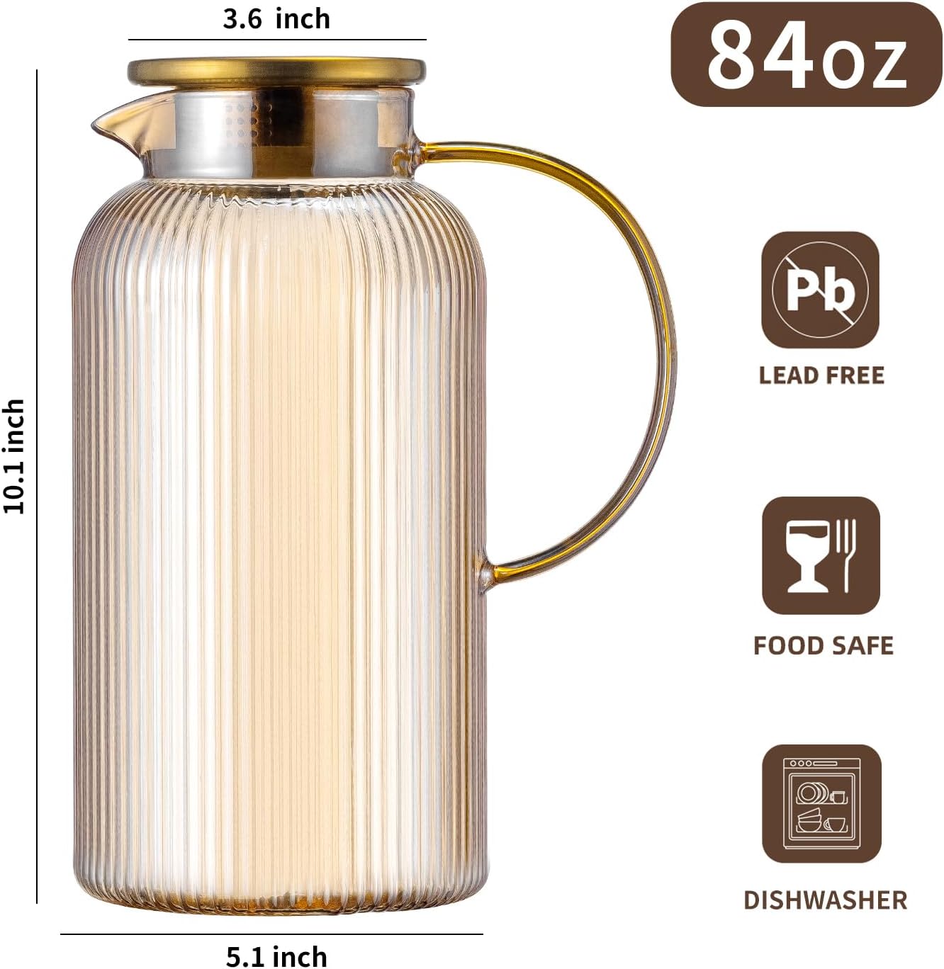 Glass Pitcher with Lid, 84oz/2.5 Liter Amber Classic Vertical Stripes Water Pitcher,Glass Water Carafe for Cold Brew, Coffee, Lemonade, Iced Sun Tea,Beverage, Milk, Heat Resistant