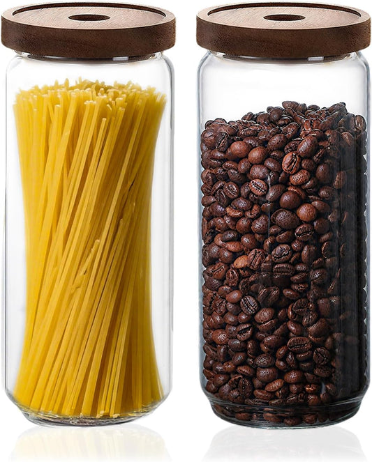 Glass Jars with Airtight Wood Lids - 34 oz Large Kitchen and Pantry Storage Containers, Canisters for Spaghetti, Noodles, Pasta, Ground Coffee, Sugar, Cereal, Set of 2