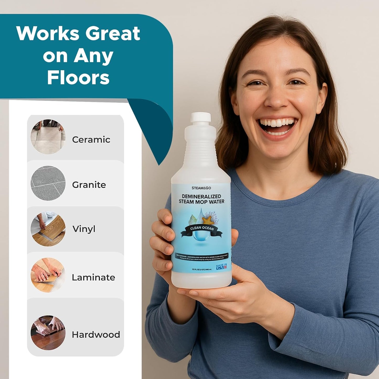 Steam & Go Demineralized Water - Multisurface Cleaner, PVC-Free Ready-to-Use for Mops & Floor Steamers - Ideal for Kitchen, Bathroom, & Home Surfaces - Clean Ocean Scent - 32oz (Pack of 1)