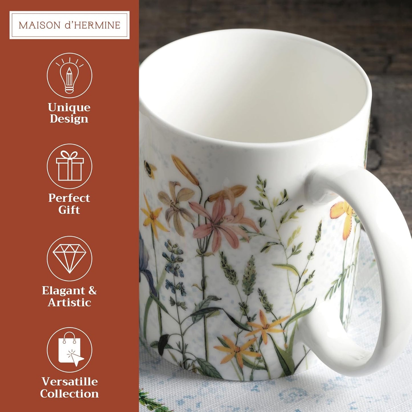 Maison d' Hermine Coffee Mug with Handles Fine Bone China Mugs Pack of One Tea Cups for Hot Beverages Cappuccino Latte Home Restaurant Office Perfect for Gift (Fleurs De Mai - Floral, 15 Ounce)