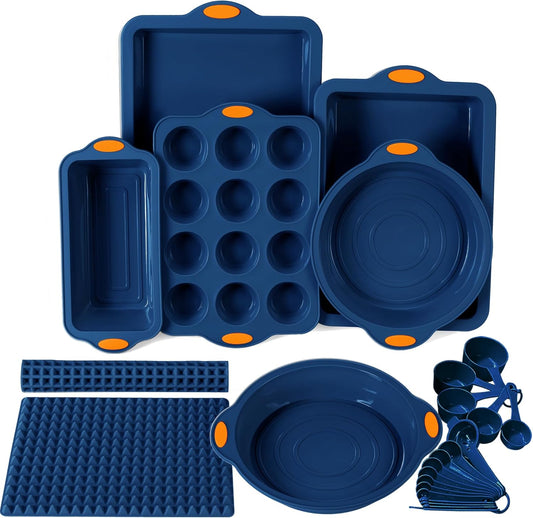 To encounter 8 in 1 Silicone Baking Set - 6 Cake Molds - 2 Silicone Baking Mat, Nonstick Cookie Sheet, Cake Muffin Bread Pan with Grips and Metal Reinforced Frame More Strength, Navy Blue
