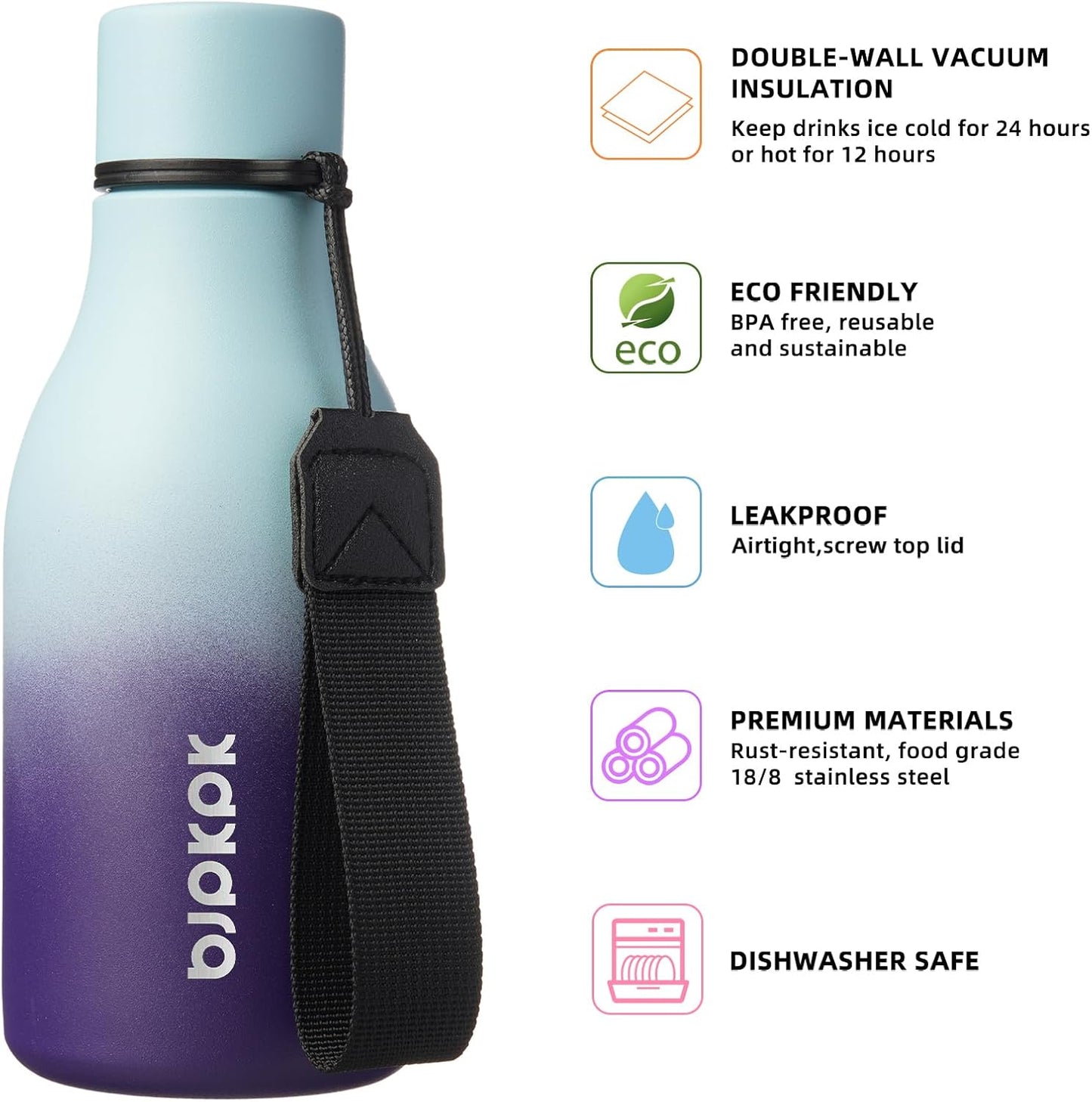 BJPKPK Insulated Water Bottles, 12oz Stainless Steel Metal Water Bottle with Strap, BPA Free Leak Proof Thermos, Mugs, Flasks, Reusable Water Bottle for Sports & Travel, Ocean Dream