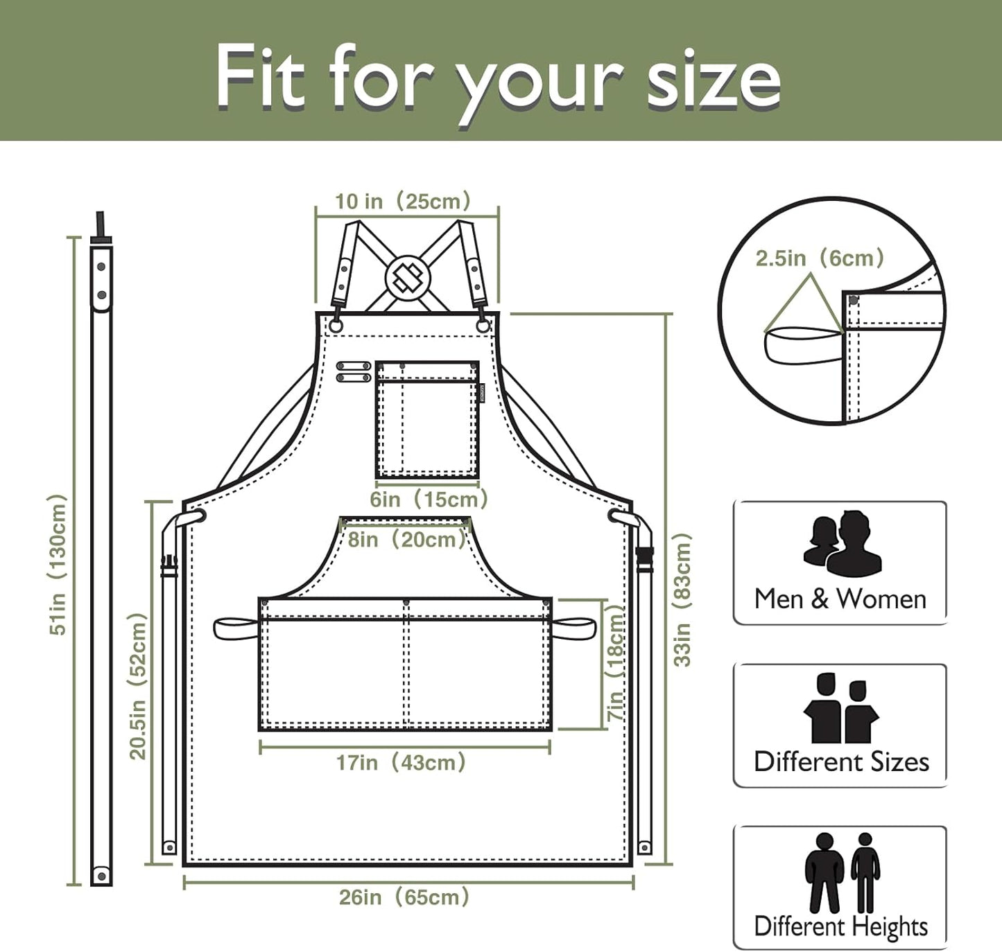 Kitchen Apron, Work Apron, Canvas, Multiple Pockets, Gardening, Painting, BBQ, Artist, Carpenter, Sizes M to XXL, Olive