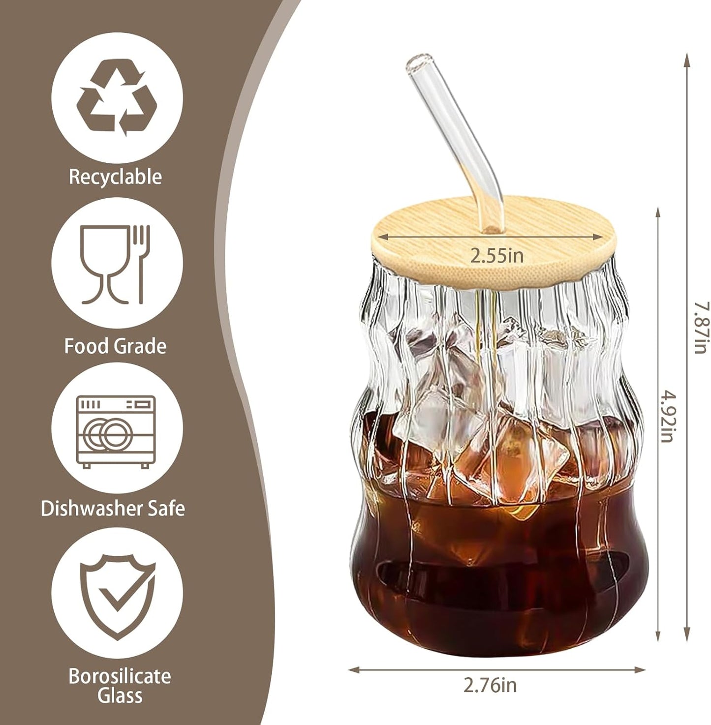 2 PCS Ribbed Cute Glass Cups,18 Oz Iced Coffee Glasses with Lids and Straws Iced Coffee Cups Glass