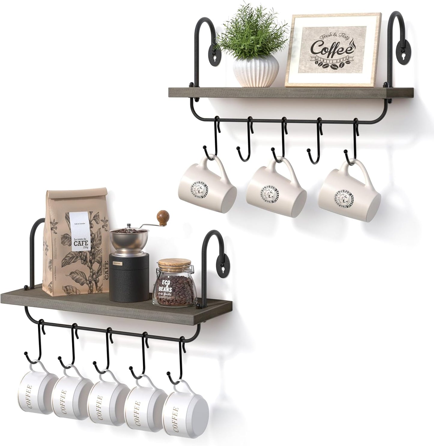 Olakee Floating Wall Shelves for Bathroom Kitchen Coffee Nook with 10 Adjustable Hooks for Mugs Cooking Utensils or Towel Rustic Storage Shelves Set of 2/17x5.9 inch (Weathered Grey)