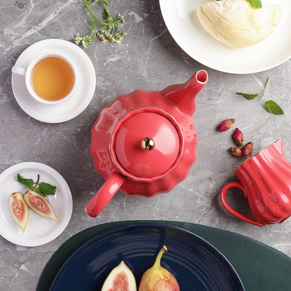 Sweejar Royal Teapot, Ceramic Tea Pot with Removable Stainless Steel Infuser, Blooming & Loose Leaf Teapot - 28 Ounce(Red)