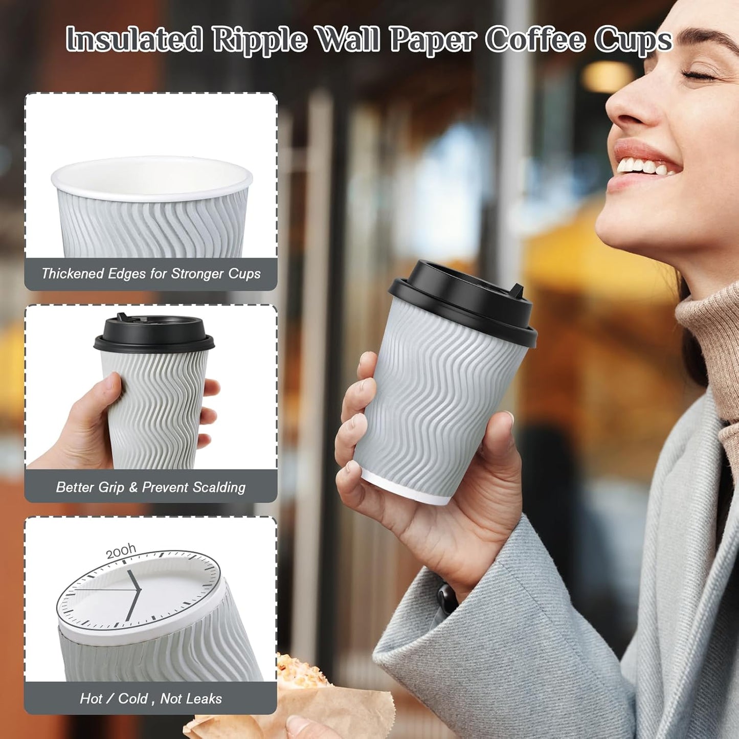 MUCHII 12 oz Disposable Coffee Cups, 100 Count Insulated Ripple To Go Cups With Lids and Straws for Tea, Hot Chocolate, and Drinks