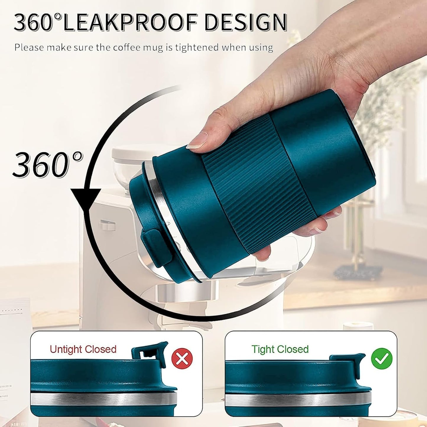 YINBAOGE Insulated Travel Coffee Mug Spill Proof Leak Proof Pobtable To Go Camping Stainless Steel Coffee Tumbler Reusable Coffee Cups with Lids Thermos for Hot and Cold Drink (Blue, 17 OZ)