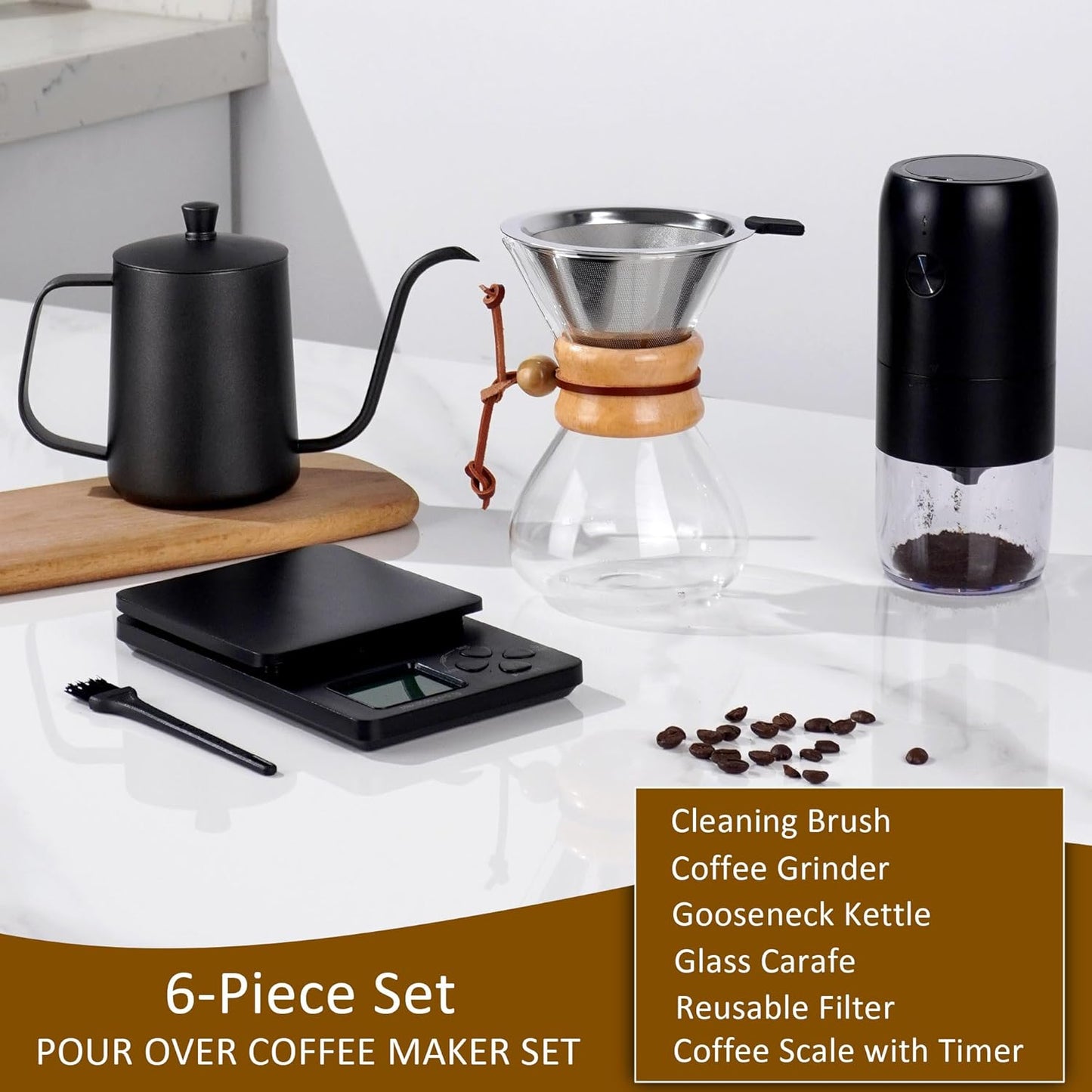 Pour Over Coffee Dripper Set, Hand Drip Coffee Maker Set, All in One Pour Over Kit with Electric Grinder, Coffee Dripper Set, Ideal for Anniversary Birthday Gift