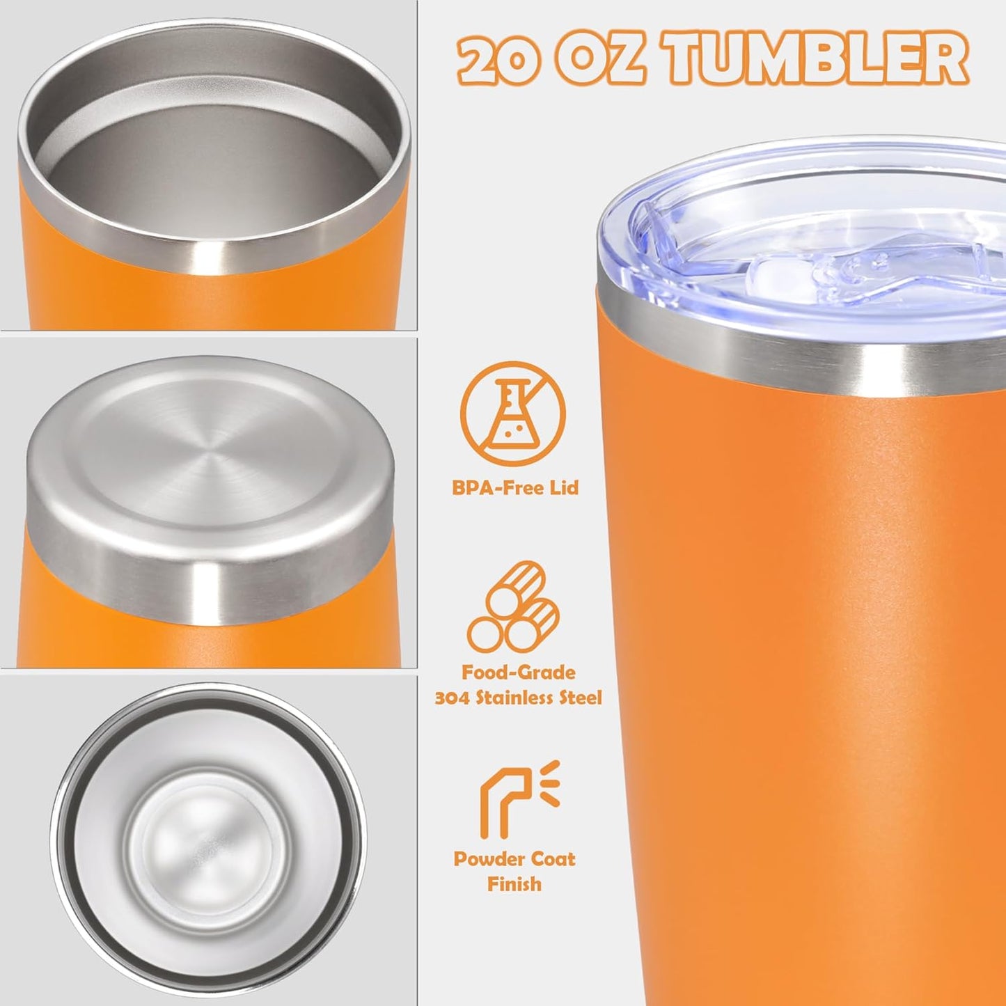 20oz Tumbler Stainless Steel Tumbler Cup with Lid Vacuum Insulated Double Wall Travel Mug, Durable Powder Coated Travel Coffee Tumbler Mug for Hot & Cold Drinks,Orange,4 Pack