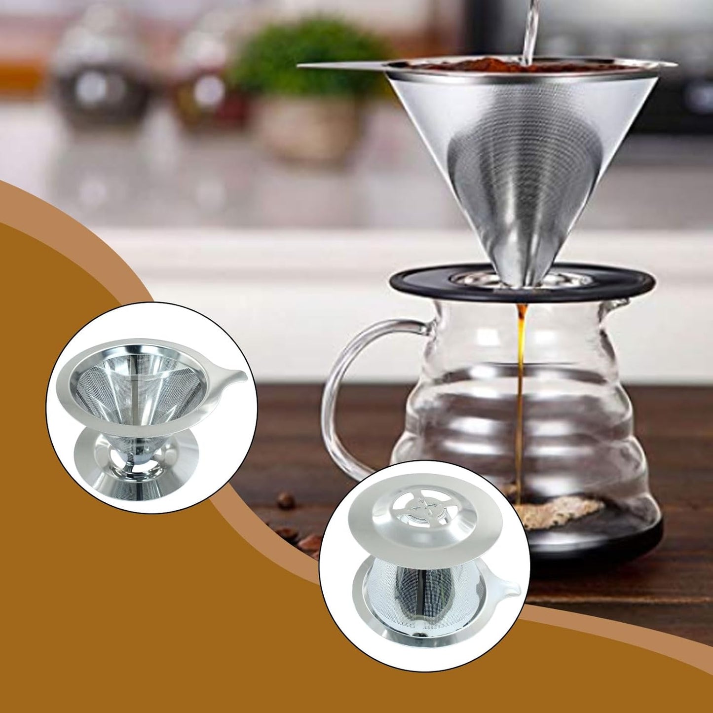 Waziaqoc Pour Over Coffee Dripper, Slow Drip Paperless Coffee Filter, Stainless Steel Pour Over Coffee Maker for 1-2 Cups Brew, Double Mesh Design of Manual Reusable Cone Filter