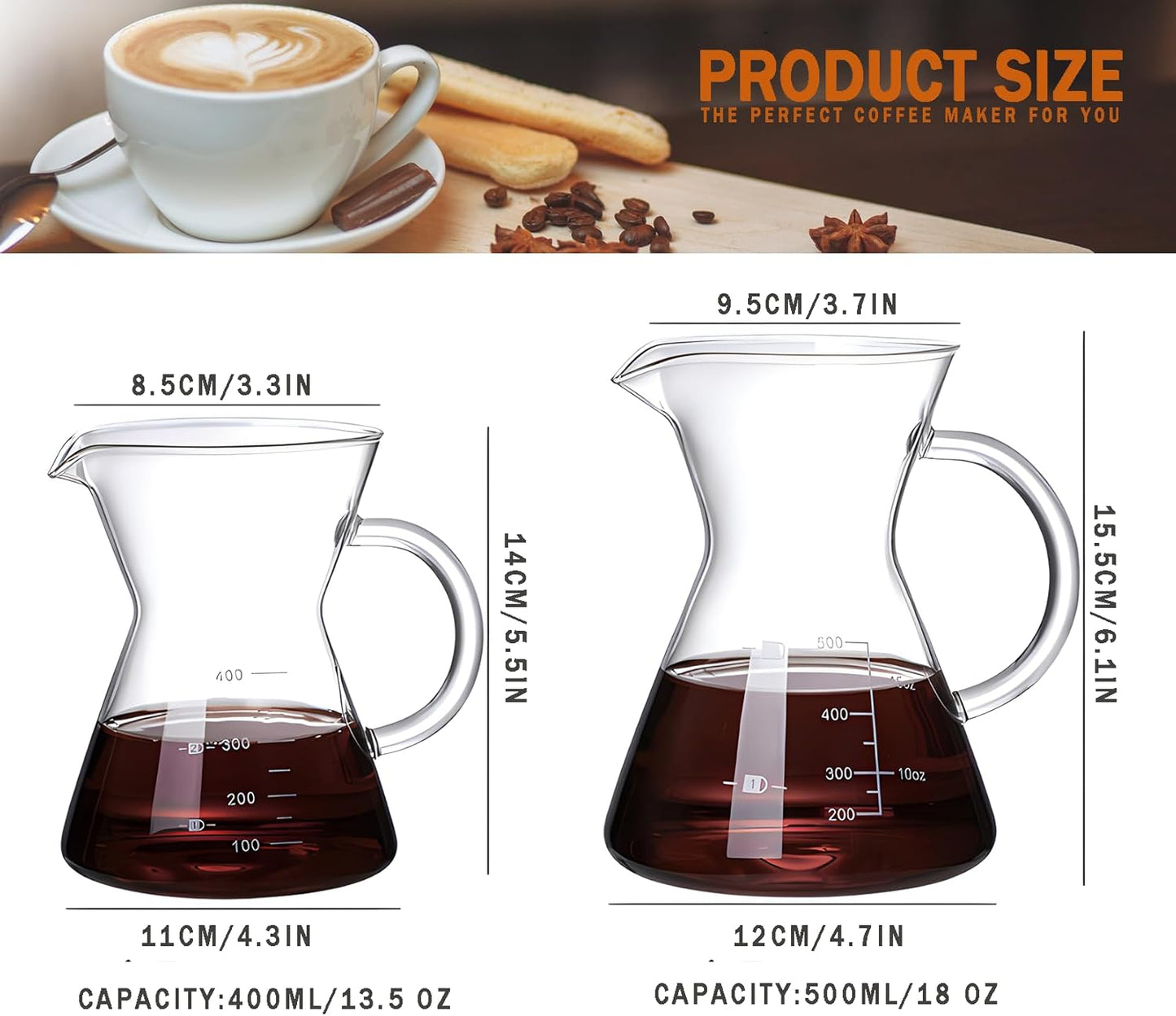 Pour Over Coffee Maker with Reusable Stainless Steel Drip Filter, Glass Drip Coffee Maker Set, Lead-Free Borosilicate Glass Coffee Carafe for 1-4Cup, Clear (500ml/17oz)