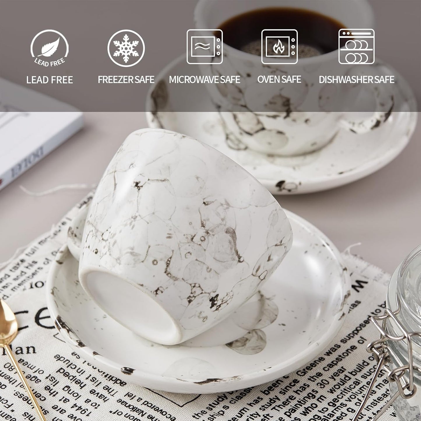 SIDUCAL Espresso Cups Set of 4,6 Ounce Ceramic Coffee Cups with Saucers,Porcelain Double Espresso Cup Set,Gift Box for Boyfriend Gift(White)