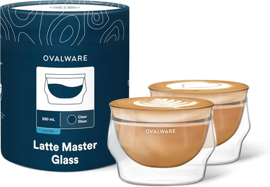 ovalware 8.5oz Double Wall Latte Cups, Latte Set of 2 - Double Wall Glasses for Cold & Hot Drink, Palm-Sized Cups with Wide Rim for Latte Art - Clear Design