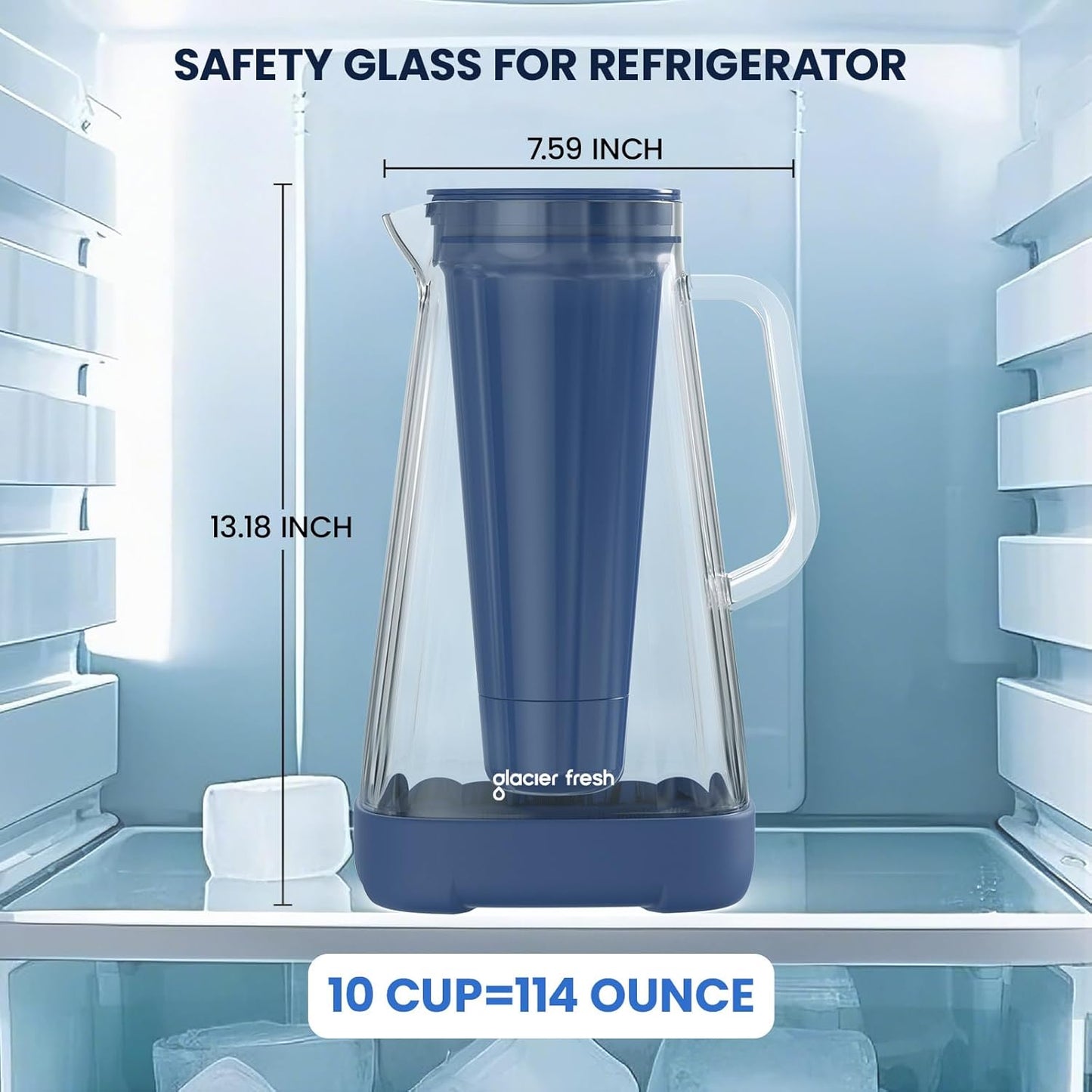 GLACIER FRESH 10 Cup Glass Water Pitcher with 1 Filter of 3X Flow Rate, Purela Glass Pitcher with 5-Stage Filtration Technology, Reduces 99% Chlorine and Improve Taste, Bpa Free, Blue