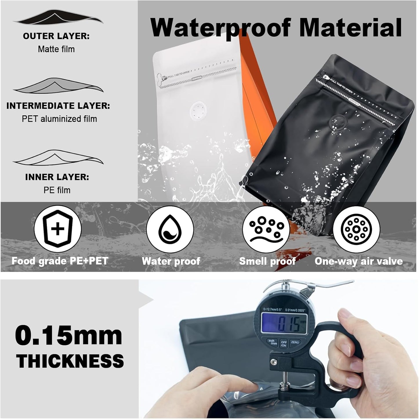 Coffee Bags with Valve(60pcs,8 oz,1/2 lb) Vented Coffee Beans Packaging Bags High Barrier Aluminumed Foil Flat Bottom Heat Sealed Side Zipper Resealable Storage Bag for Home or Business (White+Gray）