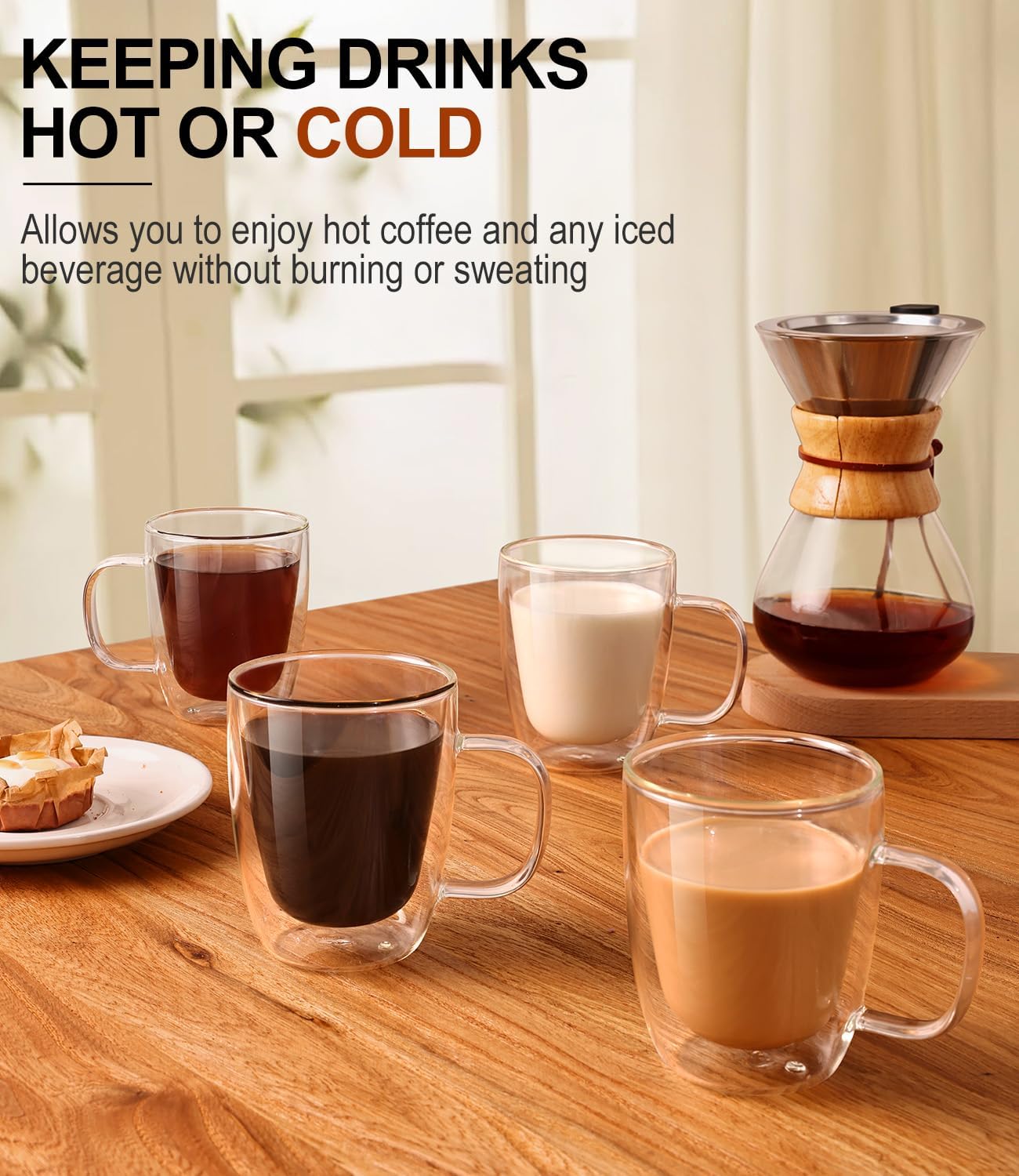 OJA Double Walled Glass Coffee Mugs 12.5oz Hand Blown Clear Coffee Cups Set of 4, Heat Resistant for Cappuccino, Tea, Latte, Espresso, Americano Insulated Borosilicate Glass with Handle