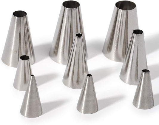 Round Piping Tip Set – 9 Stainless Steel Pastry Tips in Graduated Sizes with 20 Disposable Decorating Bags for Cupcakes, Cakes, Cookies, and Frosting Design