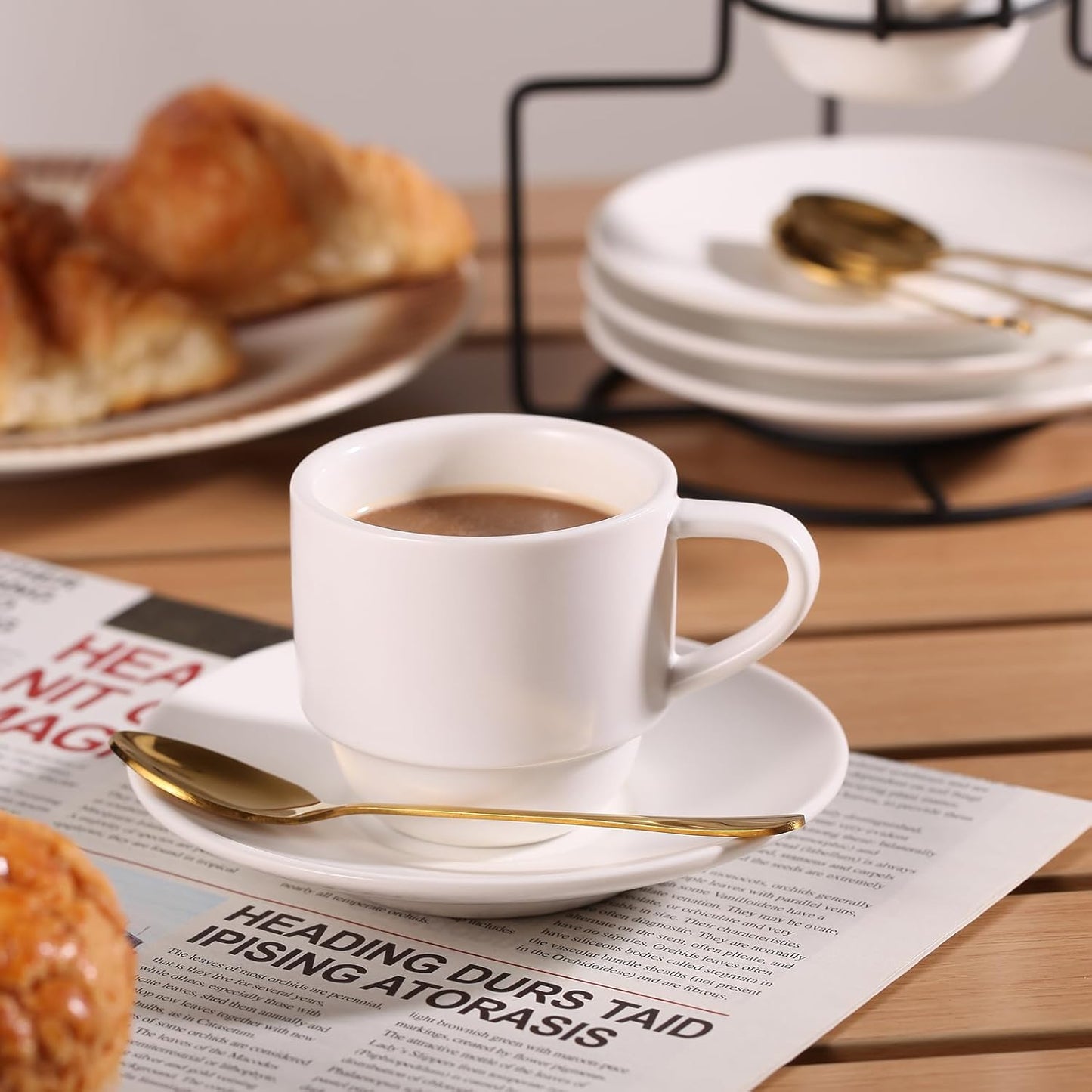 Lareina 3-Ounce Espresso Cups with Saucers, Spoons and Metal Stand, Small Stackable Coffee Cups Set of 4, Ceramic Demitasse Mugs, White