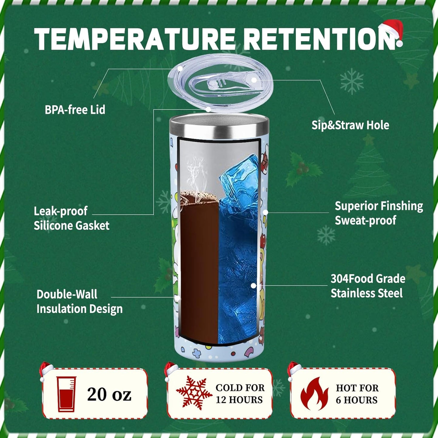 20oz Christmas Skinny Tumbler with Lid and Straw,Stainless Steel Vacuum Insulated Tumbler Cup Double Wall Travel Coffee Mug Christmas Gifts for Women Men (Santa Claus Bear,1)