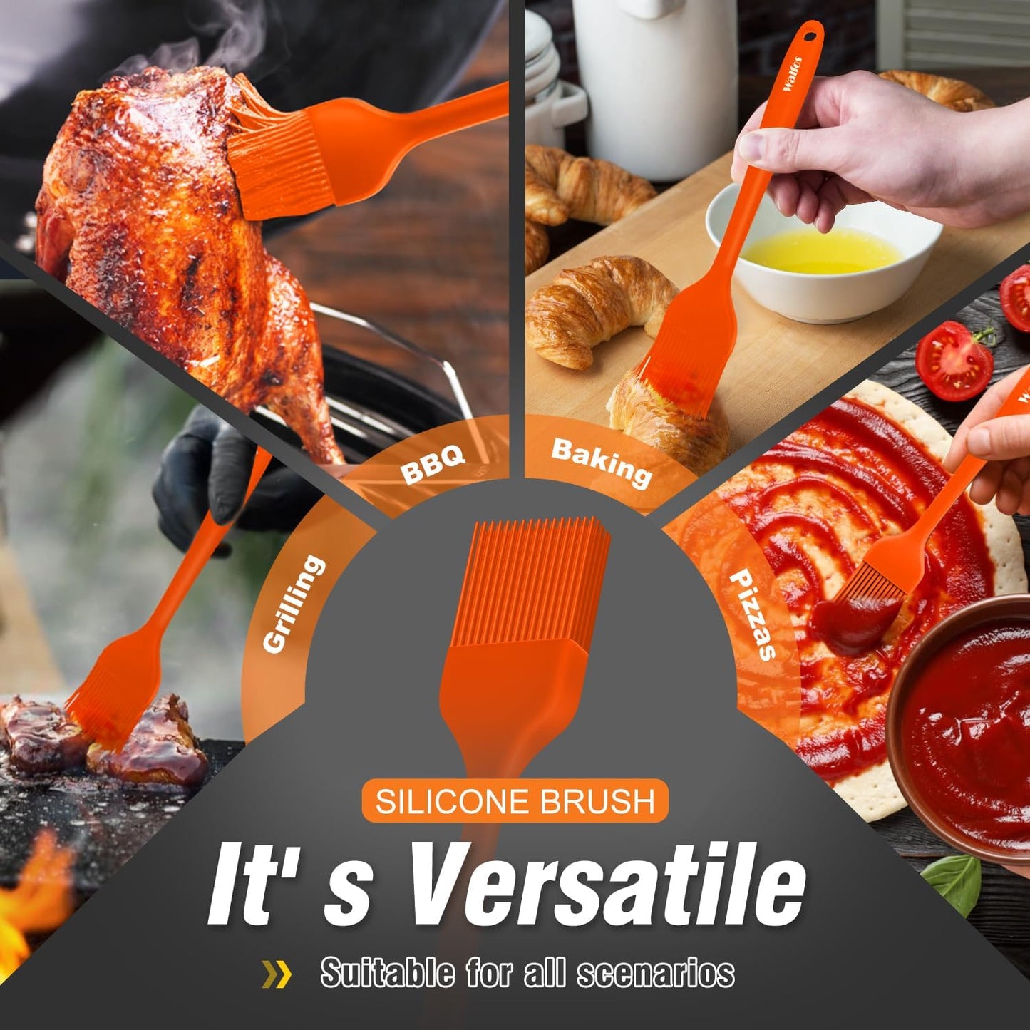 Walfos Silicone BBQ Gloves - Heat Resistant Grilling Gloves Set with Pork Shredder Claws & Brush, Non-Slip Kitchen Silicone Oven Mitt with Protective Cotton Layer, Suit for Indoor & Outdoor, Orange