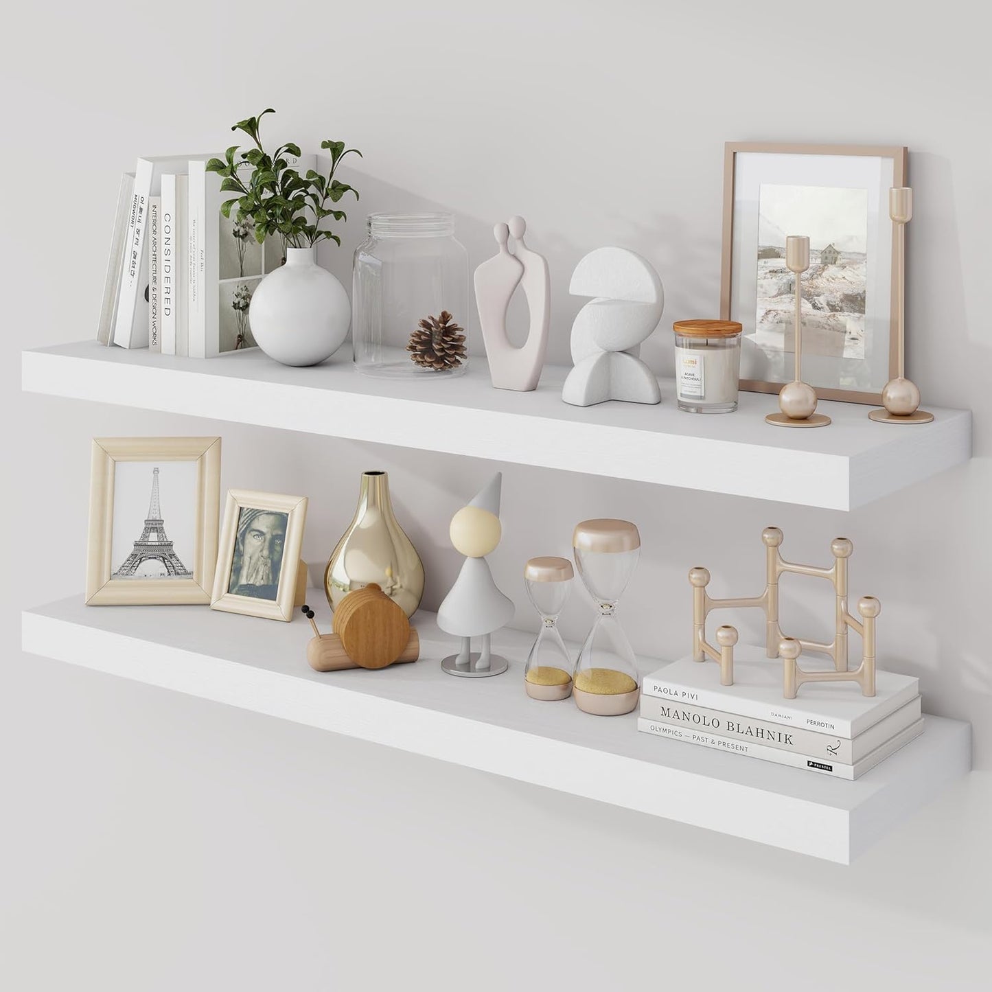 36 Inch Floating Shelves, 9.3" Deep Floating Shelf Wall Mounted, 36" Wall Shelves, Rustic Deep Bookshelf, Large Display Shelves & Storage Shelves for Bedroom, Living Room, White, Set of 2