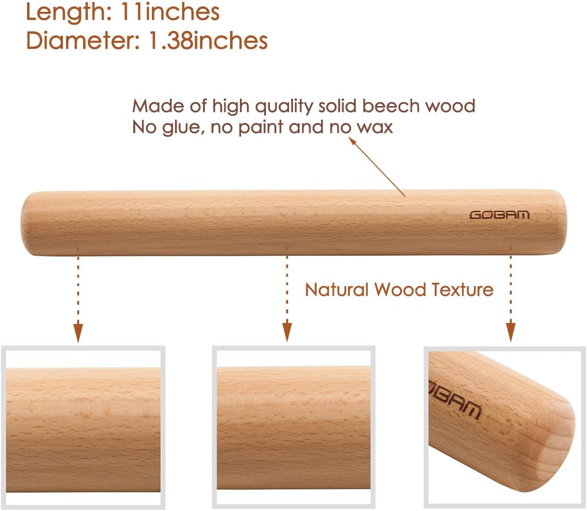 GOBAM Wood Rolling Pin, Small - Dough Roller for Pasta, Cookies, Pie, Pizza, Chapati, Fondant, Rolling Pins for Baking, Bread Making Tools and Supplies - 11 x 1.38 Inches