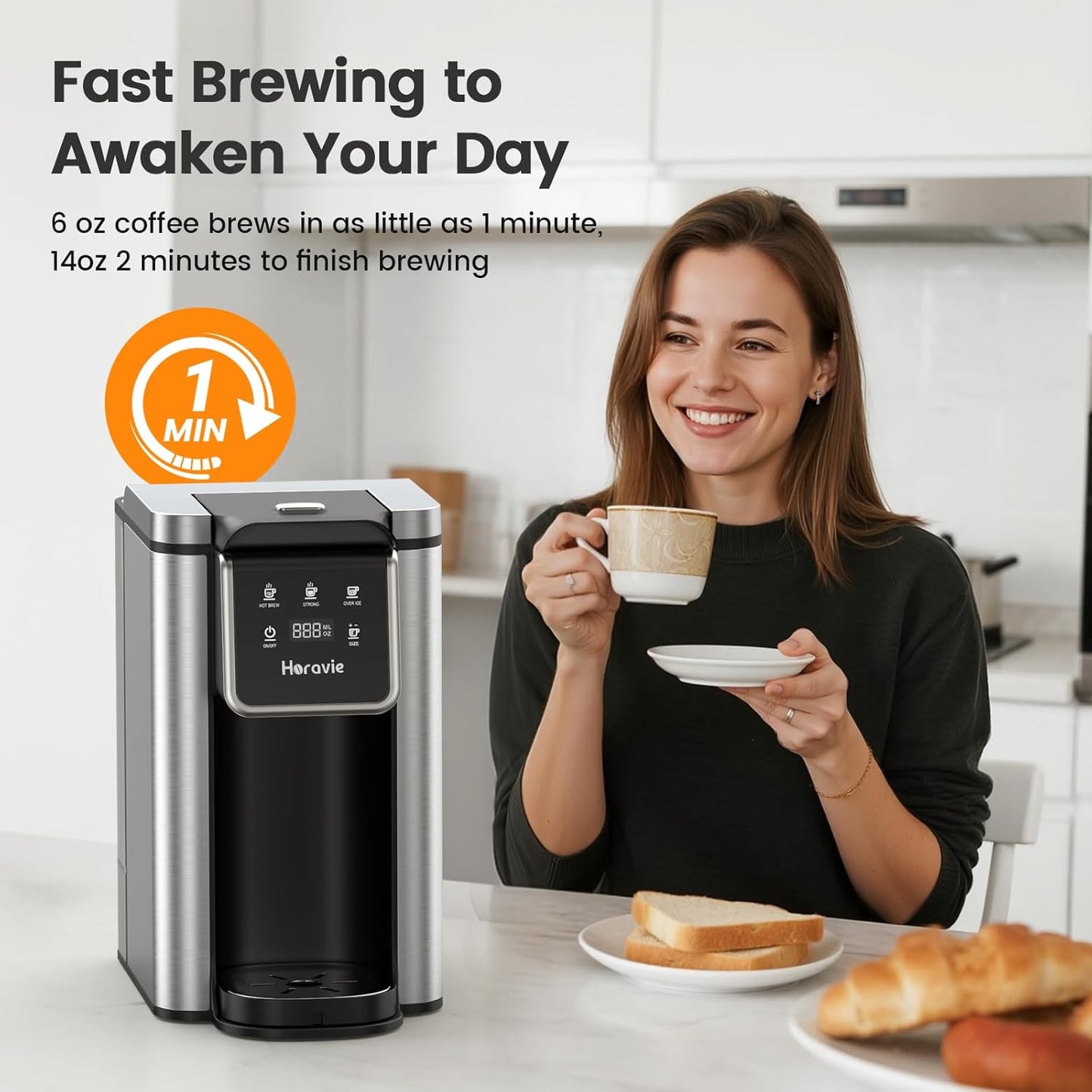 Single Serve Coffee Maker for K-Cup Pod and Grounds, Hot and Iced Coffee Maker with 5 Brew Sizes, 50oz Removable Reservoir, Fast Brewing One Cup Coffee Machine, Stainless Steel, Black