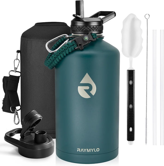 One Gallon Water Bottle Insulated, Triple Walled Vacuum Stainless Steel (Cold for 48 Hrs), Leak Proof & Non-BPA, Large Water Flask Jug with Paracord Handle & Straw Spout Lids
