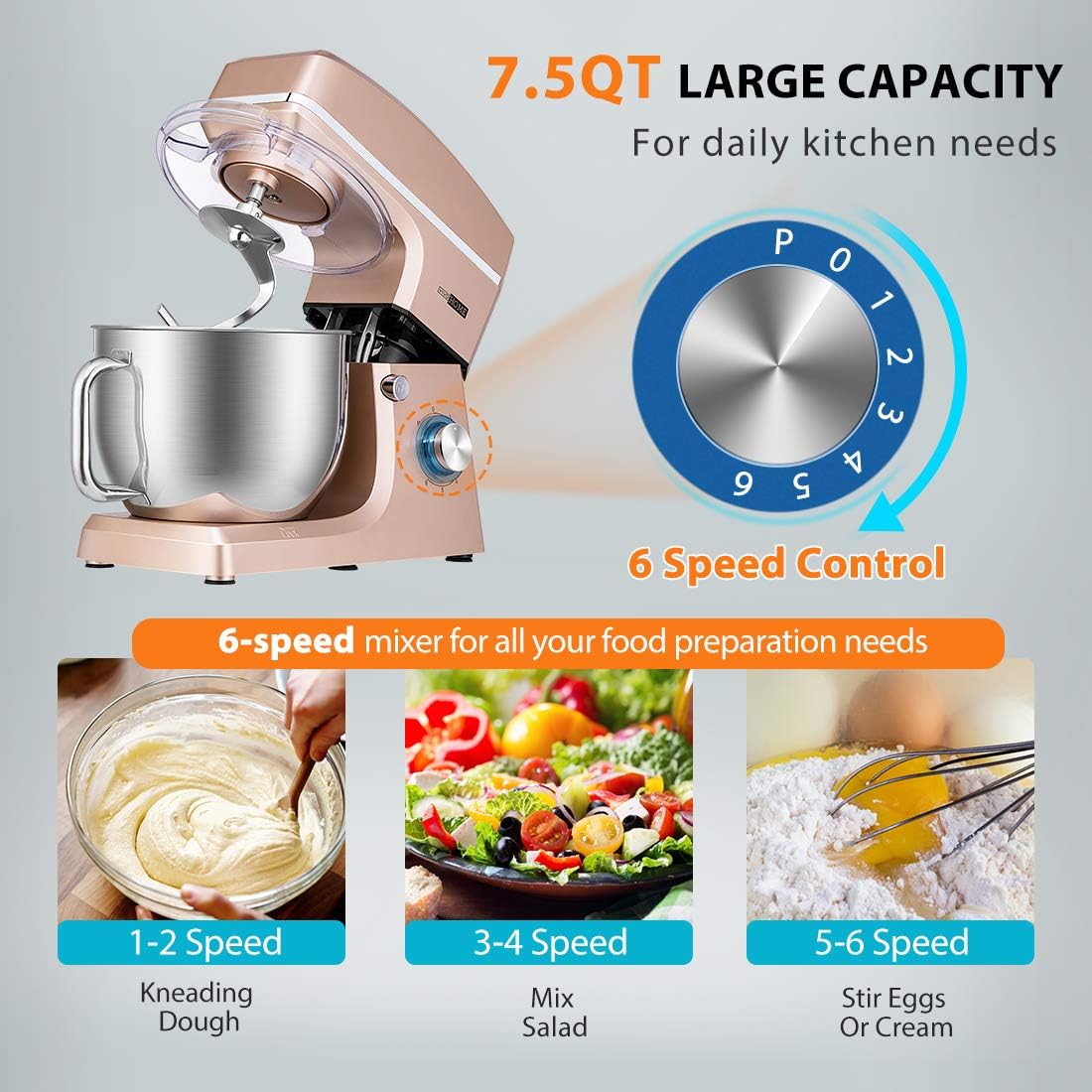 VIVOHOME 7.5 Quart Stand Mixer, 660W 6-Speed Tilt-Head Kitchen Electric Food Mixer with Beater, Dough Hook, Wire Whip, and Egg Separator, Champagne