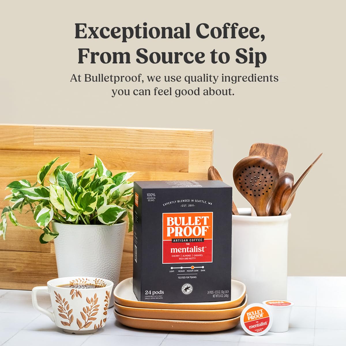 Bulletproof The Mentalist Medium-Dark Roast Single-Serve Pods, 24 Count, Clean Coffee Tested for Toxins, Packaging May Vary