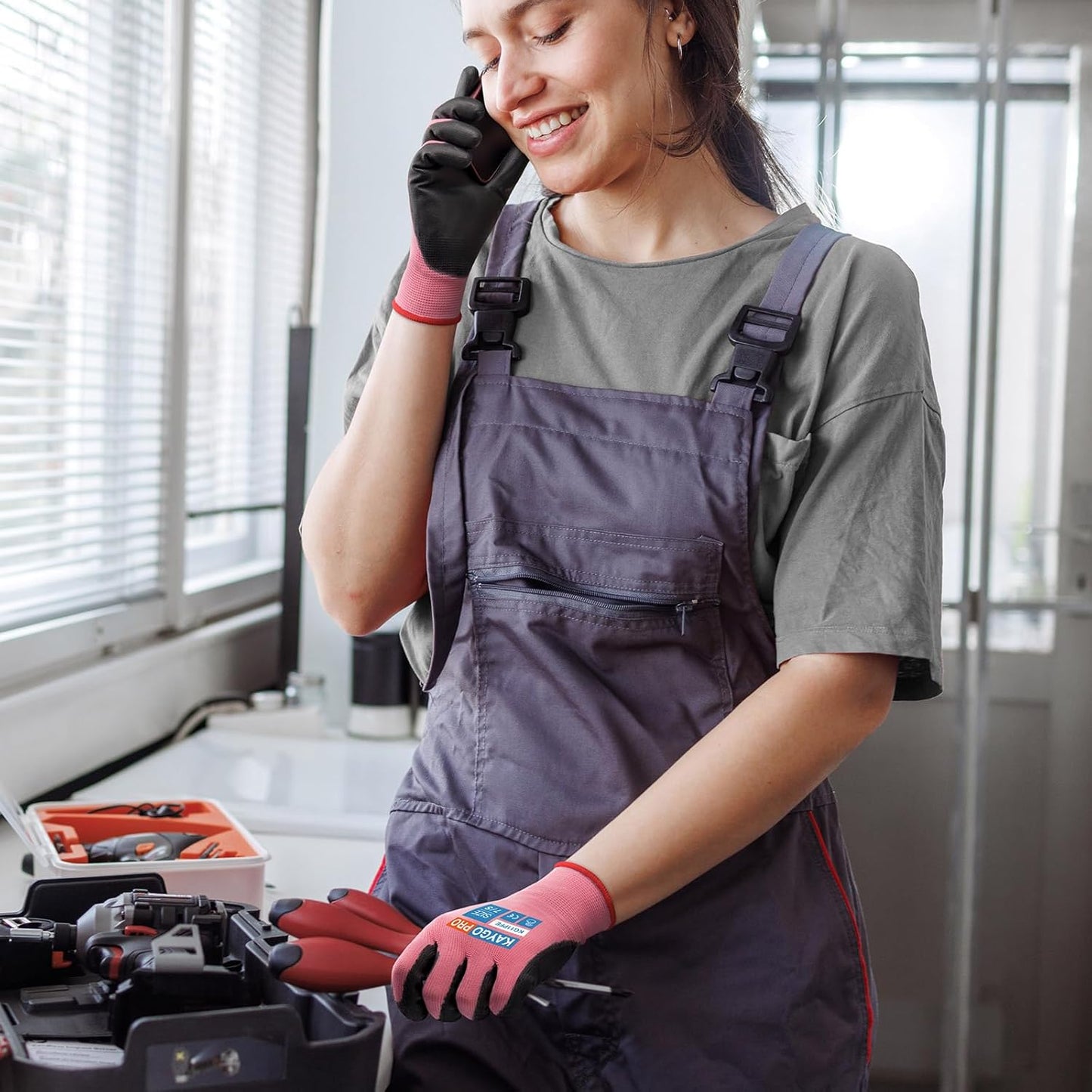 KAYGO Safety Work Gloves PU Coated for Men and Women- KG11PB,12 Pairs,Seamless Knit Glove with Two Fingers Touchscreen,Ideal for General Duty Work (L,Pink)